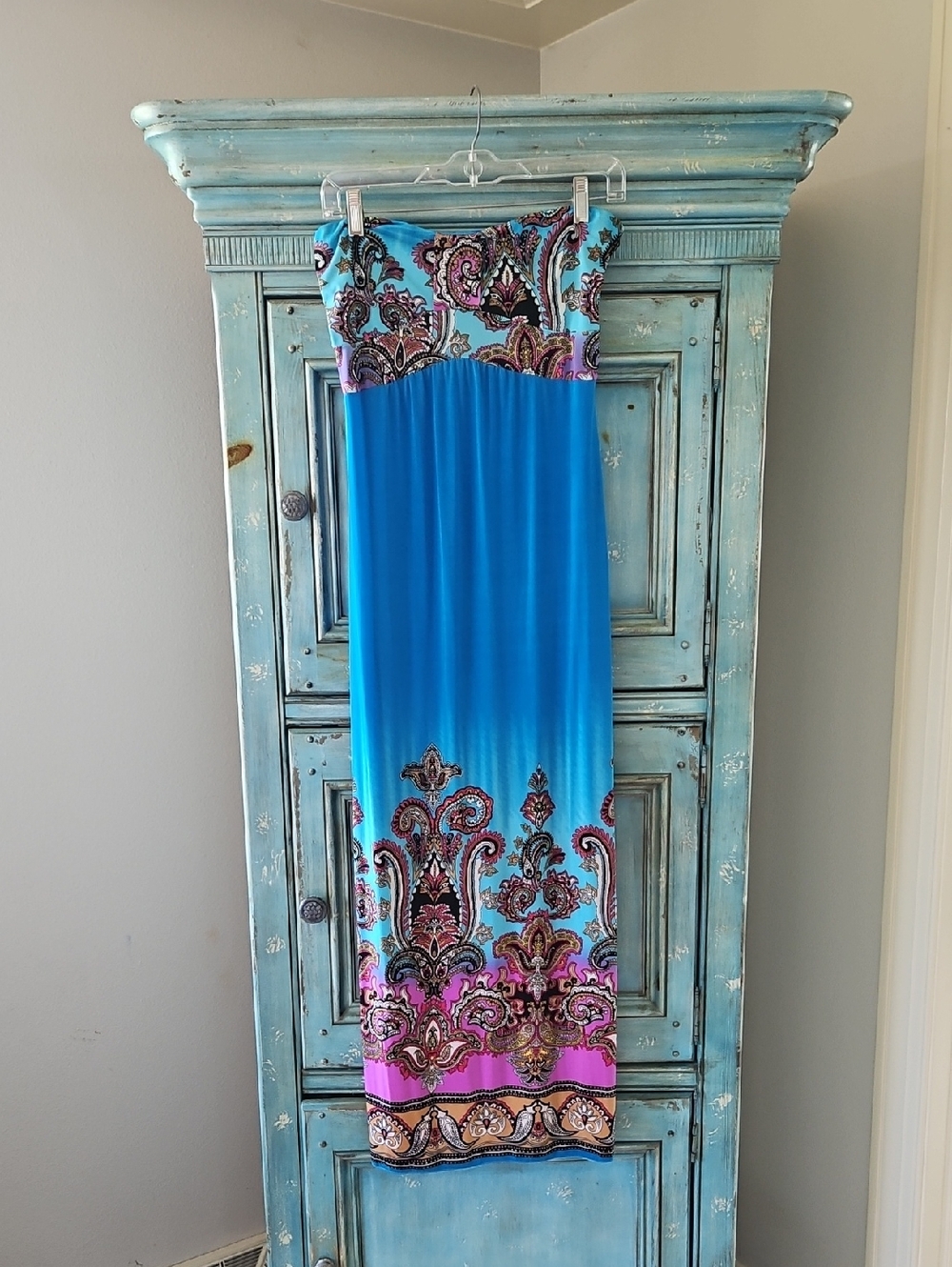 Blue Paisley Strapless Swim Cover/Maxi Dress